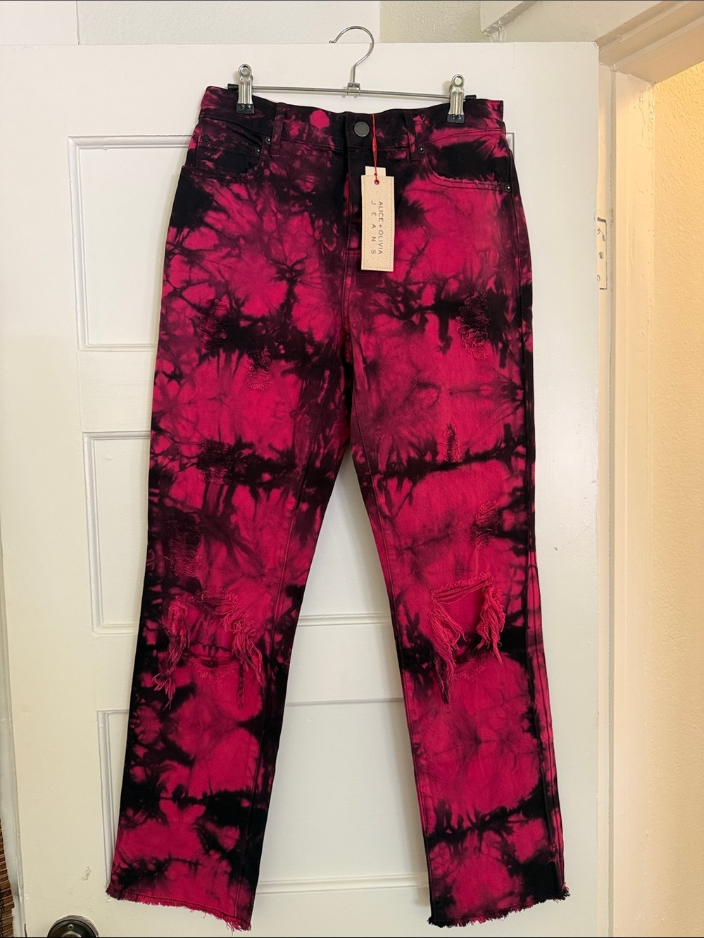 NWT. Alice & Olivia Tie-Dye Pink & Black Distressed Jeans